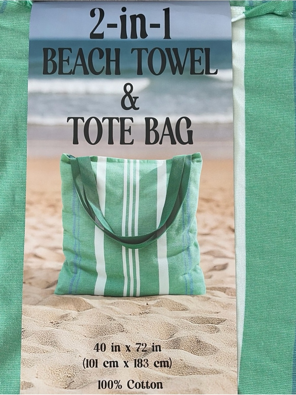 Himatsingka America Beach Towel Tote Bag Green Striped 2-in-1 Cotton Travel Vaca